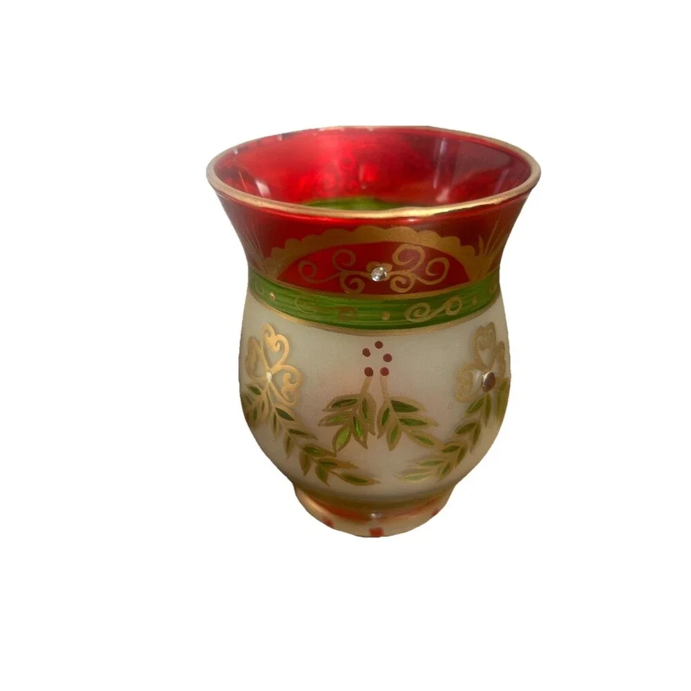 Vintage 2004 Christmas Glass Candle Holder Cups Set of 3 4” Hand Painted